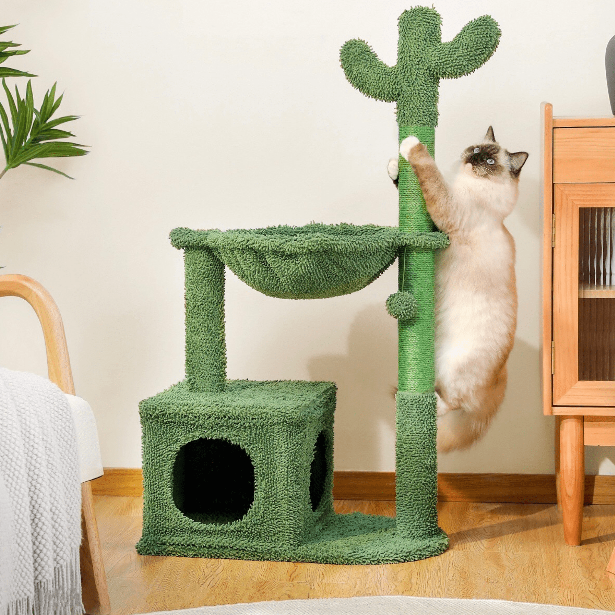 Arbre à chat en forme de cactus avec niche et hamac – Modèle Cactus Lounge