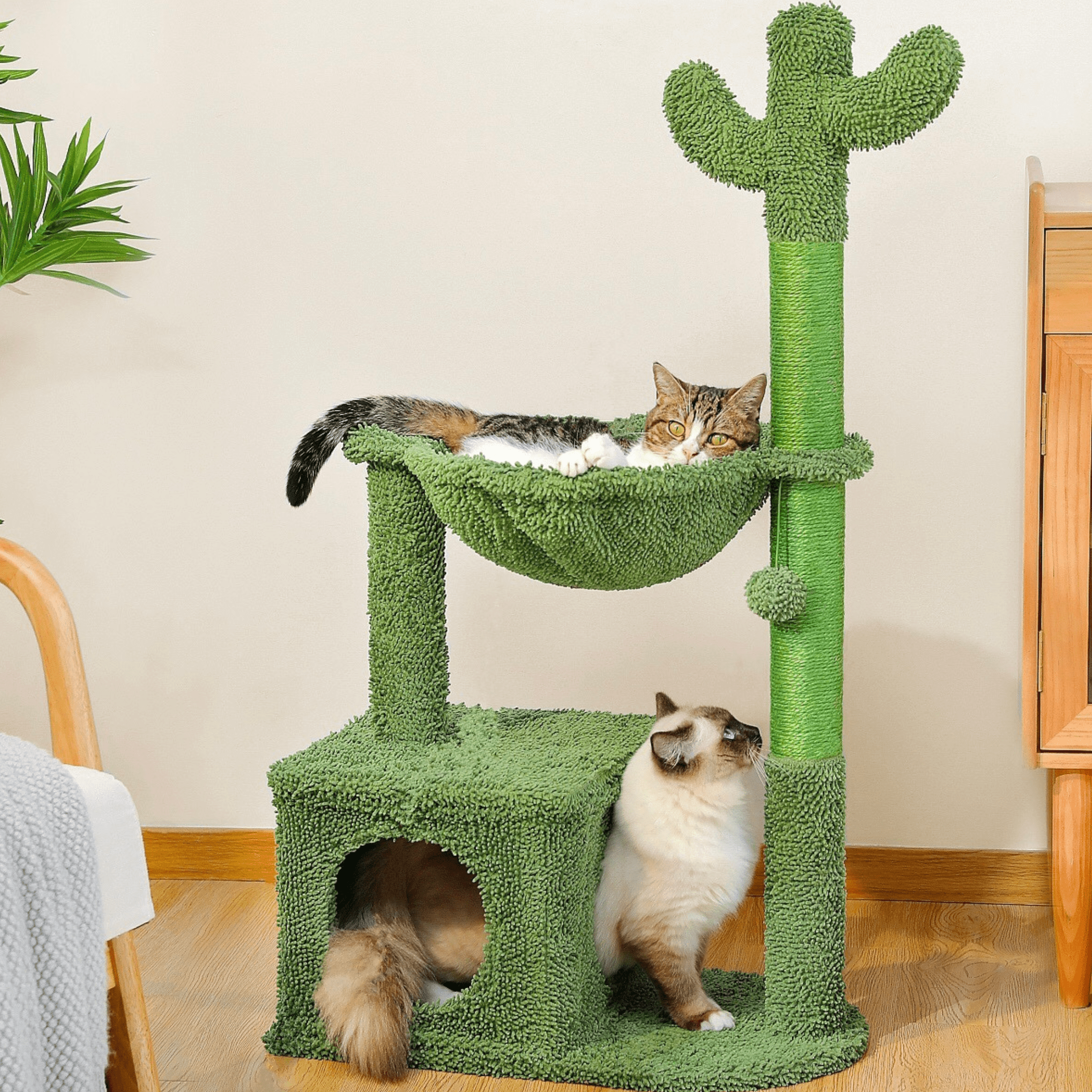 Arbre à chat en forme de cactus avec niche et hamac – Modèle Cactus Lounge