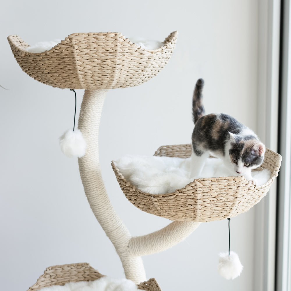 Arbre à chat design en bois avec paniers superposés et coussins – Modèle Ivy