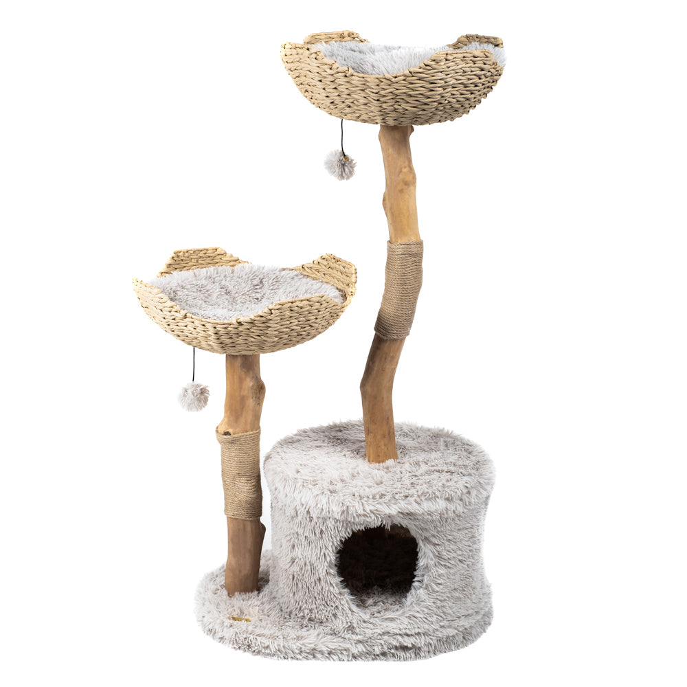 Arbre à chat en bois naturel avec paniers tressés et niche – Modèle Cento