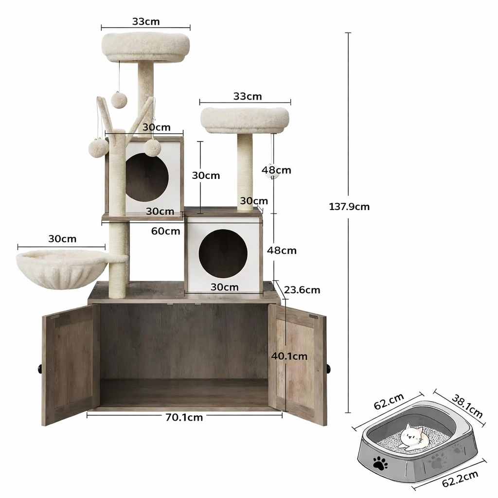 Arbre à chat en bois moderne 2-en-1 (138cm) avec cache-litière intégré