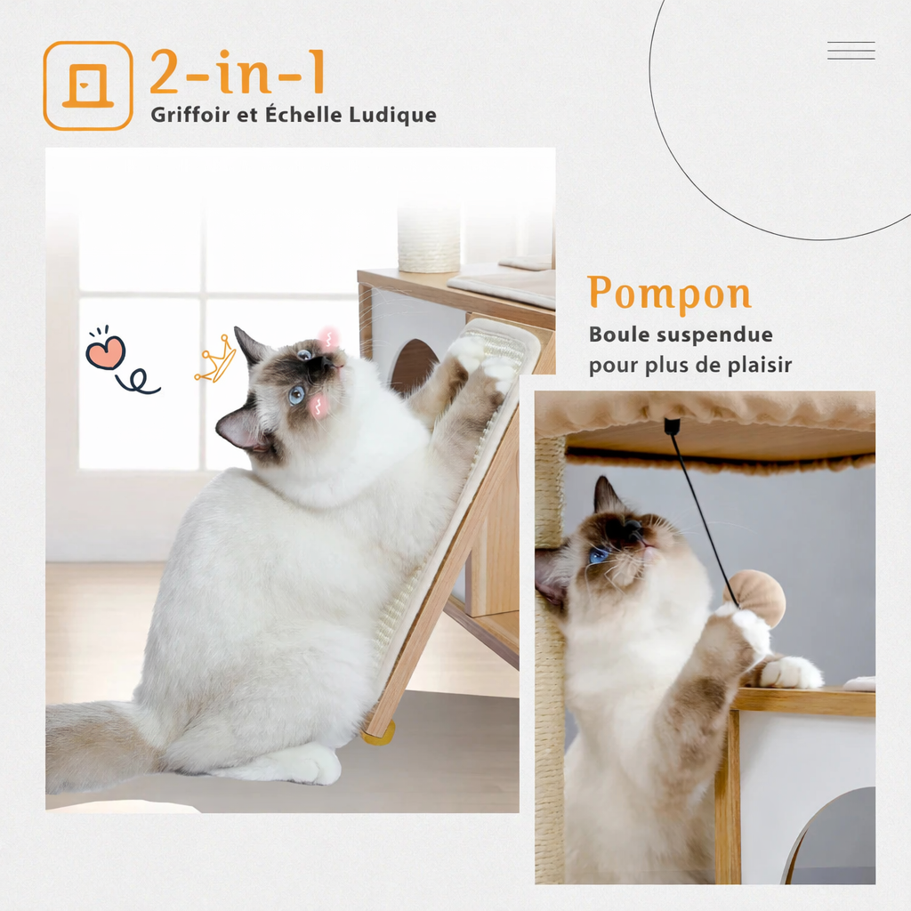 Arbre à chat en bois (93 cm) — 2 niches, perchoir XL & griffoirs sisal