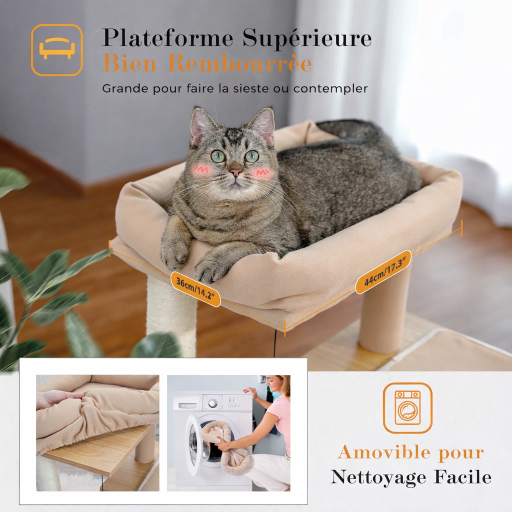 Arbre à chat en bois (93 cm) — 2 niches, perchoir XL & griffoirs sisal