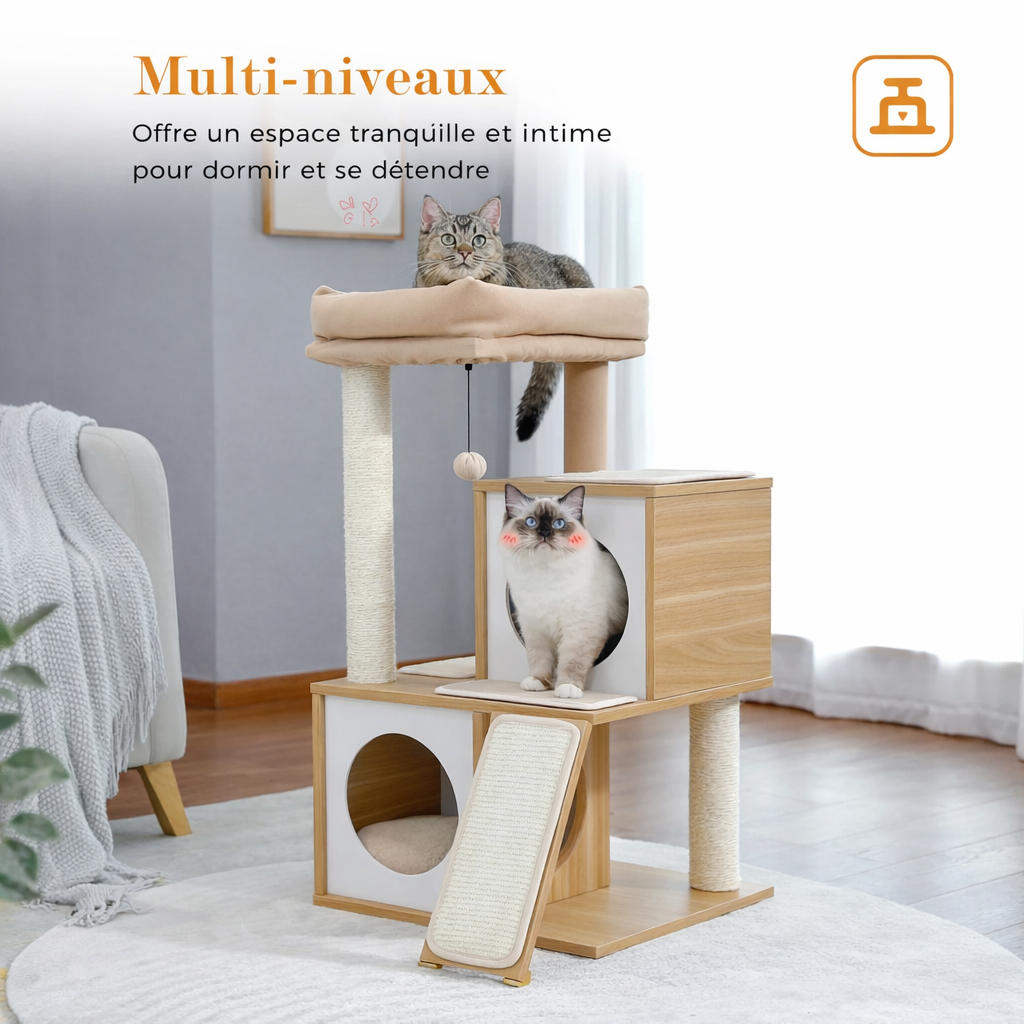 Arbre à chat en bois (93 cm) — 2 niches, perchoir XL & griffoirs sisal