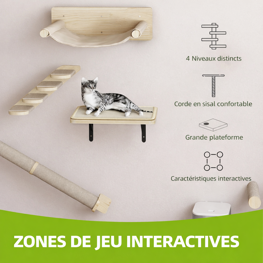 Paroi d’escalade murale pour chat 7 pièces