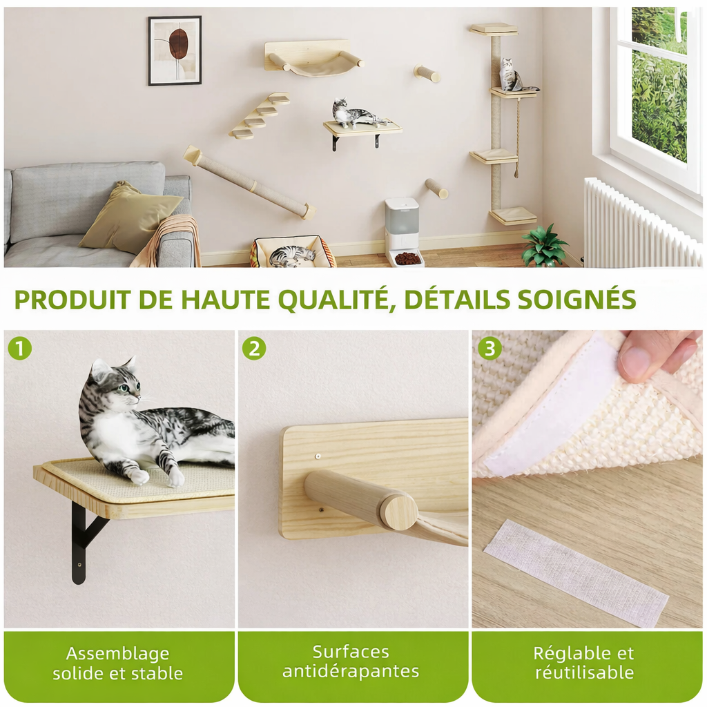 Paroi d’escalade murale pour chat 7 pièces