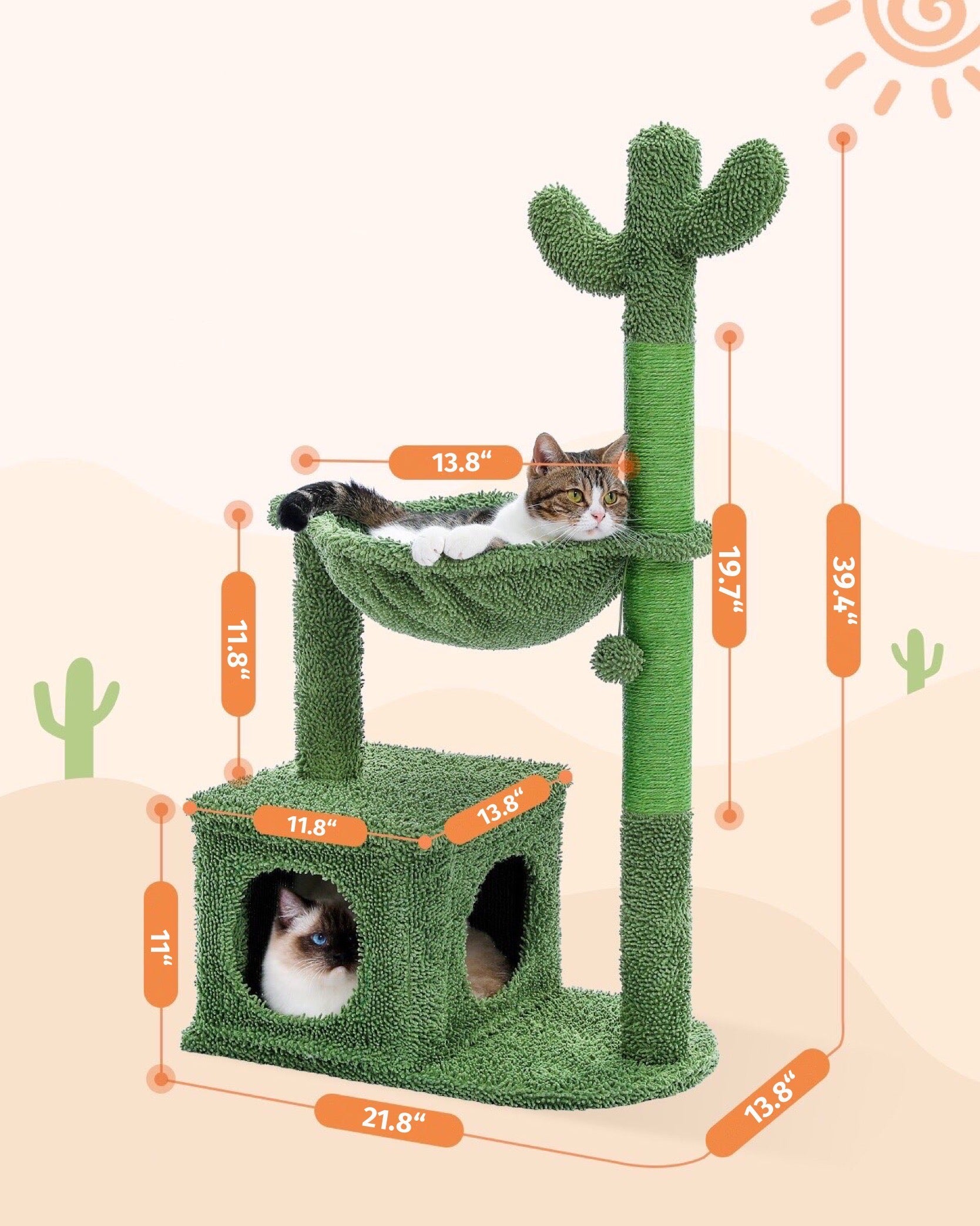 Arbre à chat en forme de cactus avec niche et hamac – Modèle Cactus Lounge