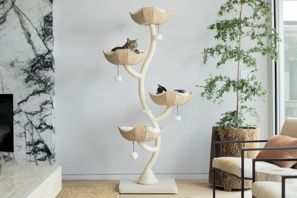 Arbre à chat en bois naturel avec paniers superposés et coussins amovibles – Modèle Ivy 2