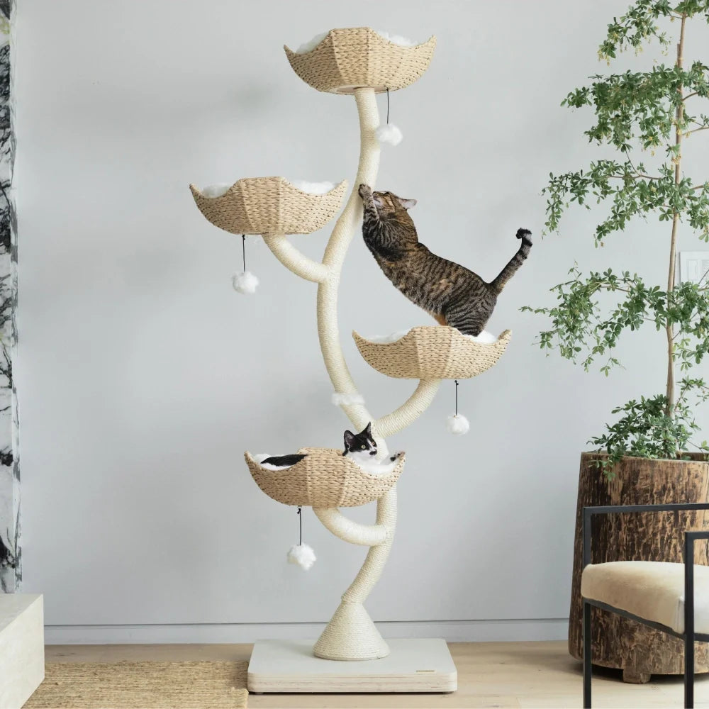 Arbre à chat en bois naturel avec paniers superposés et coussins amovibles – Modèle Ivy 2