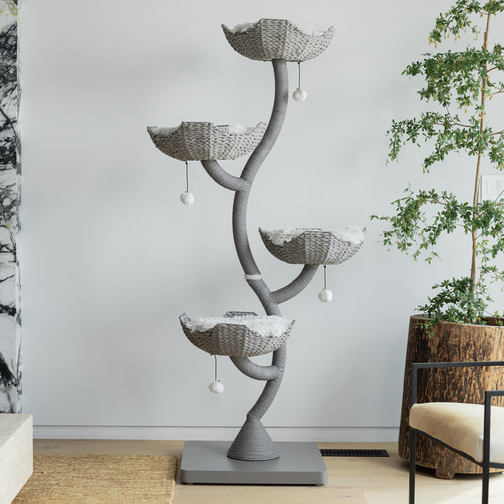 Arbre à chat en bois naturel avec paniers superposés et coussins amovibles – Modèle Ivy 2