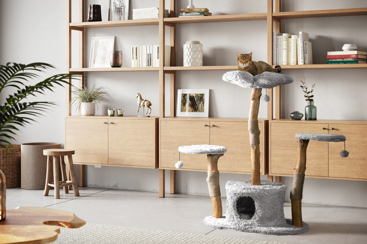 Arbre à chat grand format en bois naturel avec niche et plateformes – Modèle Leone