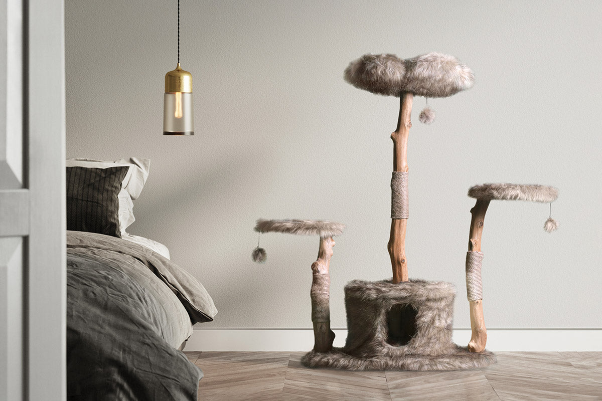 Arbre à chat grand format en bois naturel avec niche et plateformes – Modèle Leone