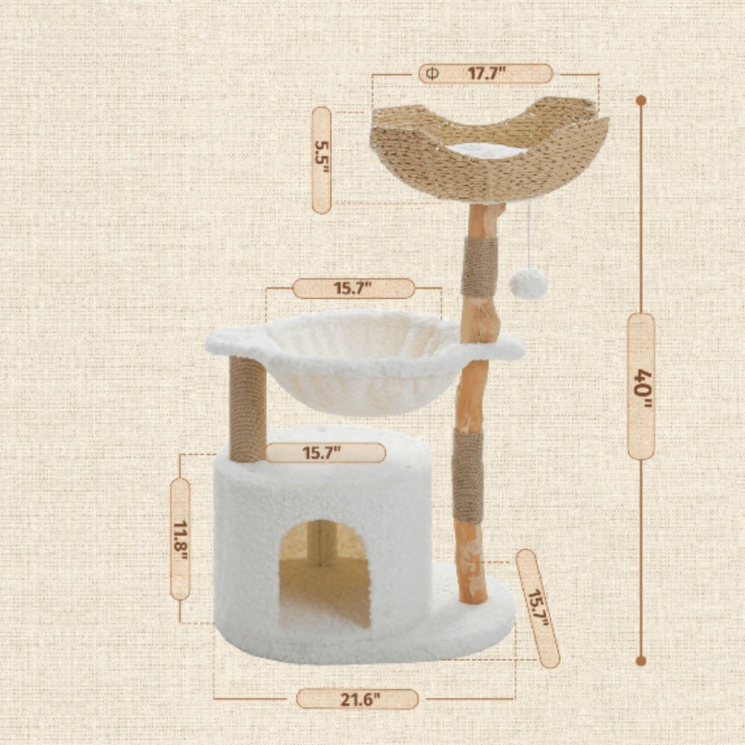 Arbre à chat design en bois naturel avec panier tressé et hamac – Modèle Willow Haven