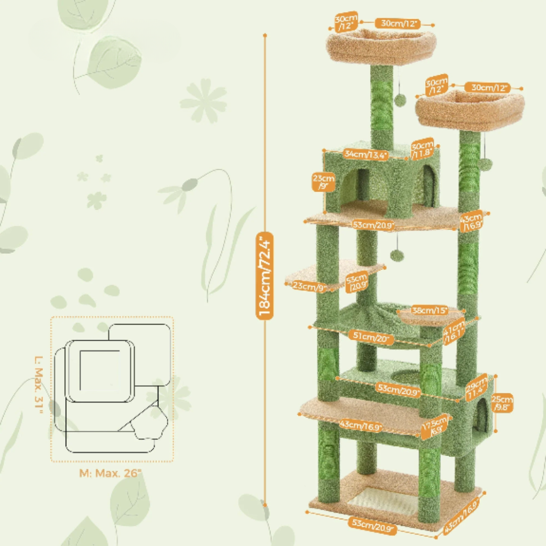 Arbre à chat multi-étages vert – Jeu, sieste et détente