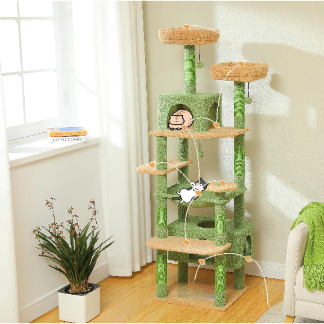 Arbre à chat multi-étages vert – Jeu, sieste et détente