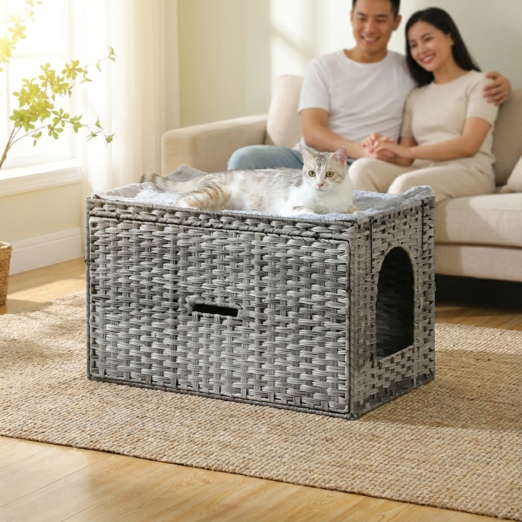 Meuble cache-litière en rotin (couvercle relevable)