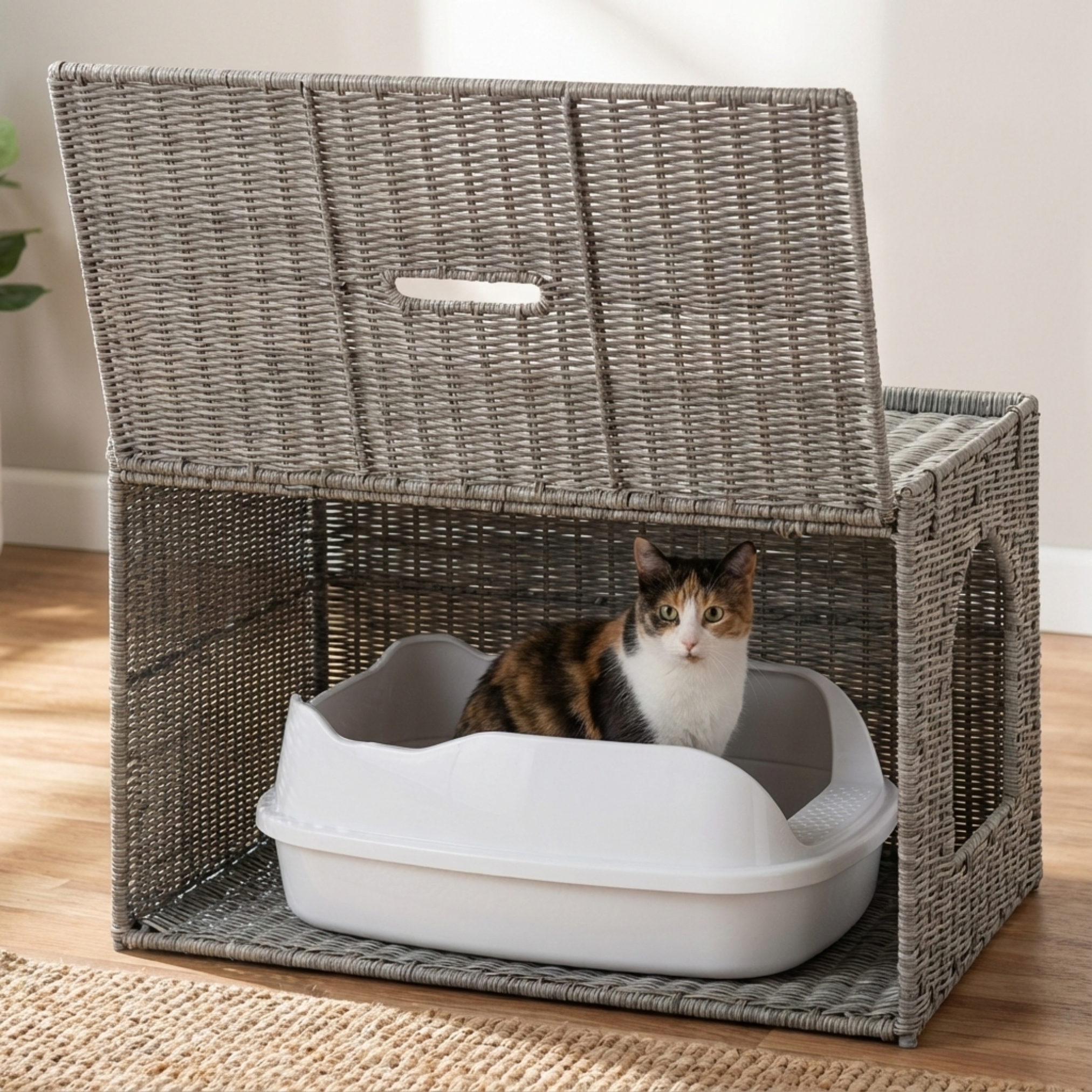 Meuble cache-litière en rotin (couvercle relevable)