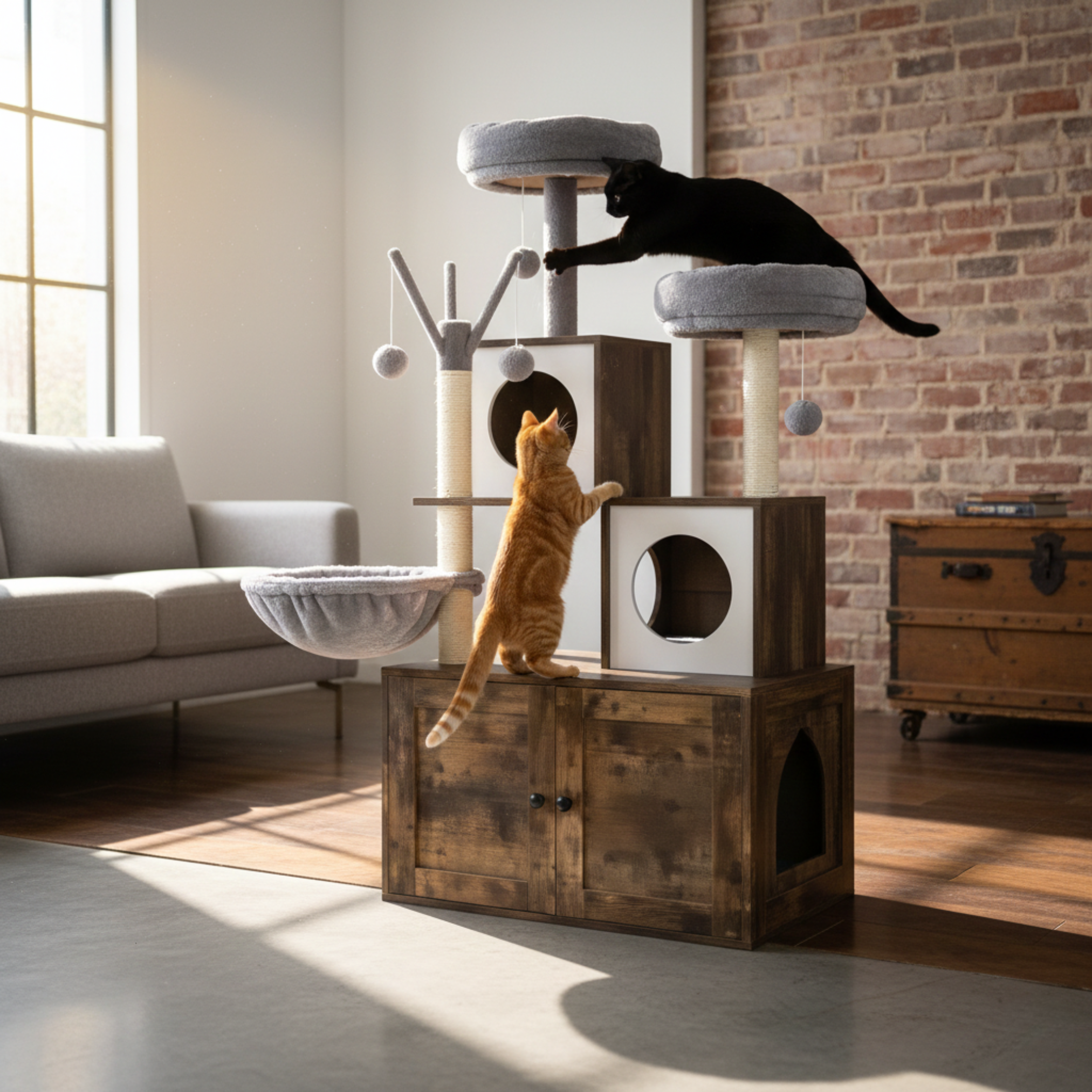 Arbre à chat moderne 2-en-1 (140cm) avec cache-litière intégré