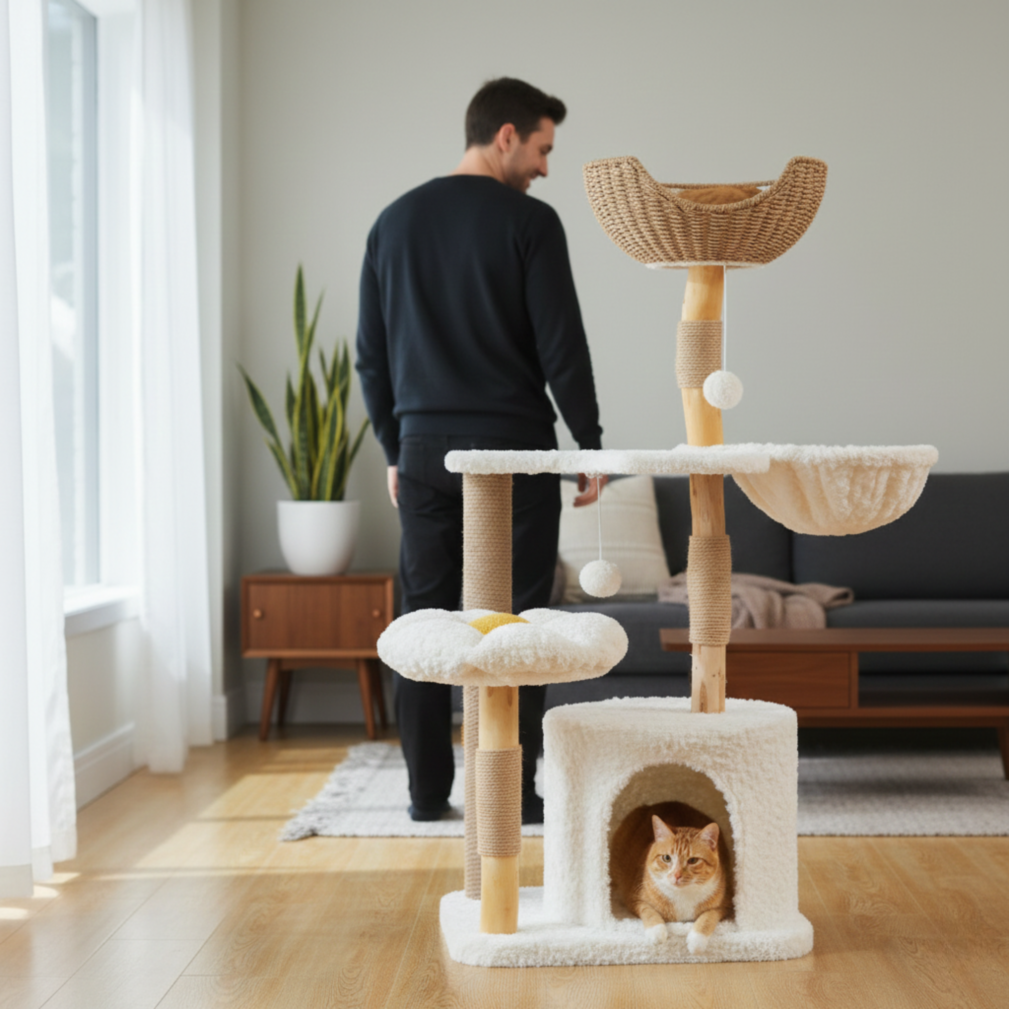 Arbre à chat design en bois naturel – Niche + hamac + panier rotin