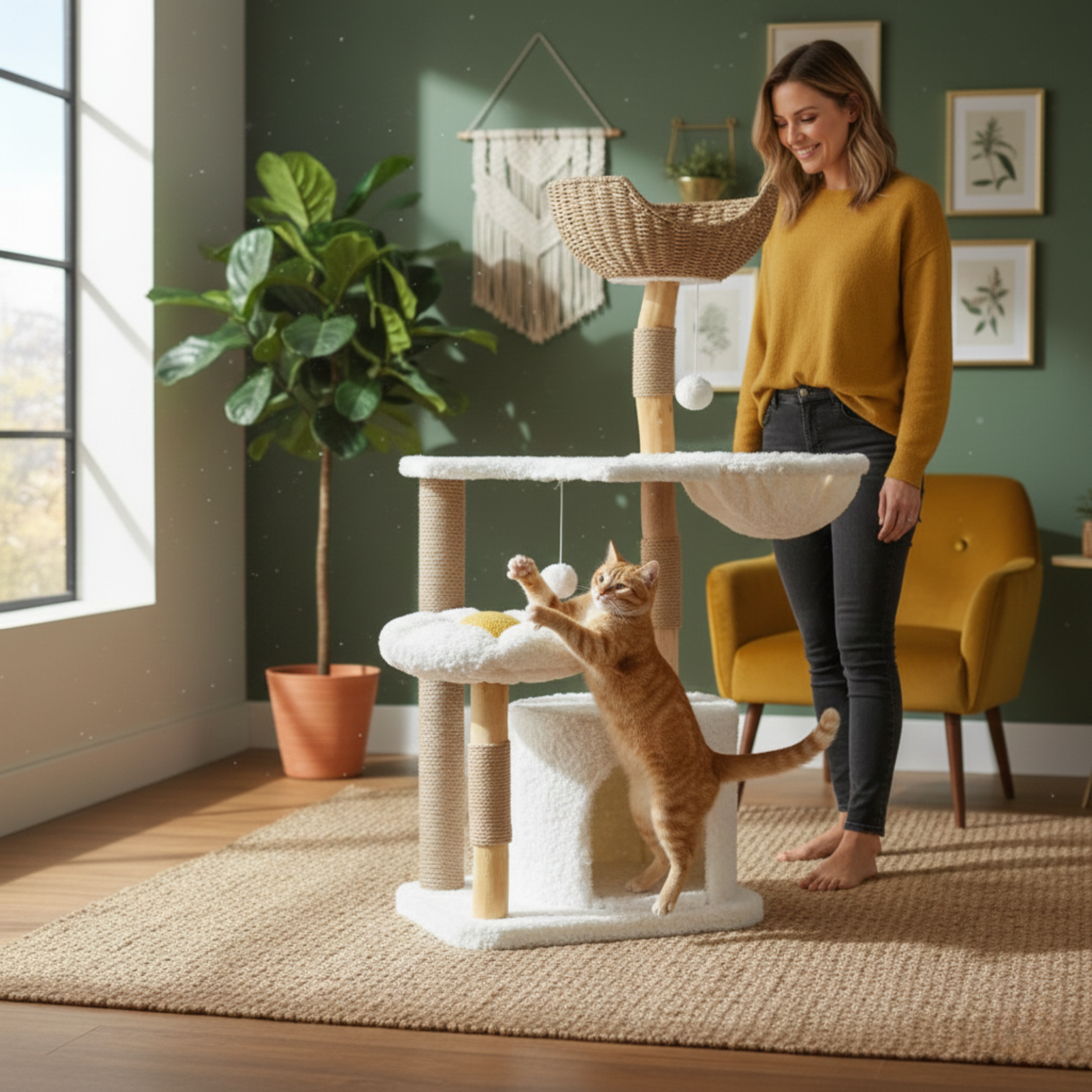 Arbre à chat design en bois naturel – Niche + hamac + panier rotin