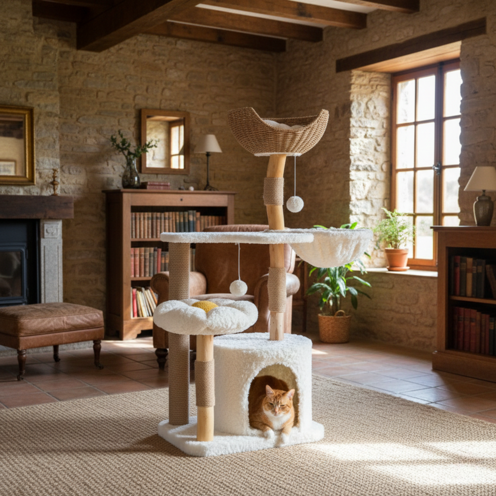 Arbre à chat design en bois naturel – Niche + hamac + panier rotin