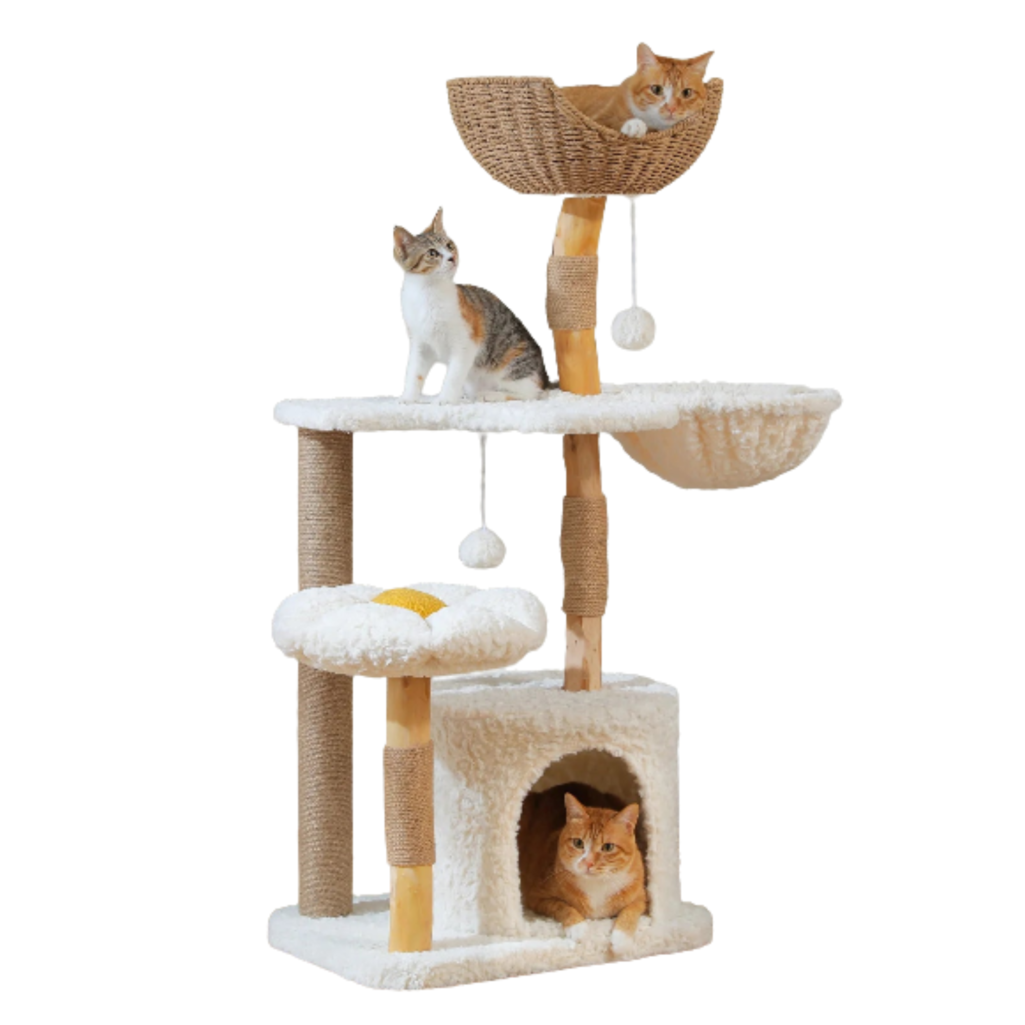 Arbre à chat design en bois naturel – Niche + hamac + panier rotin