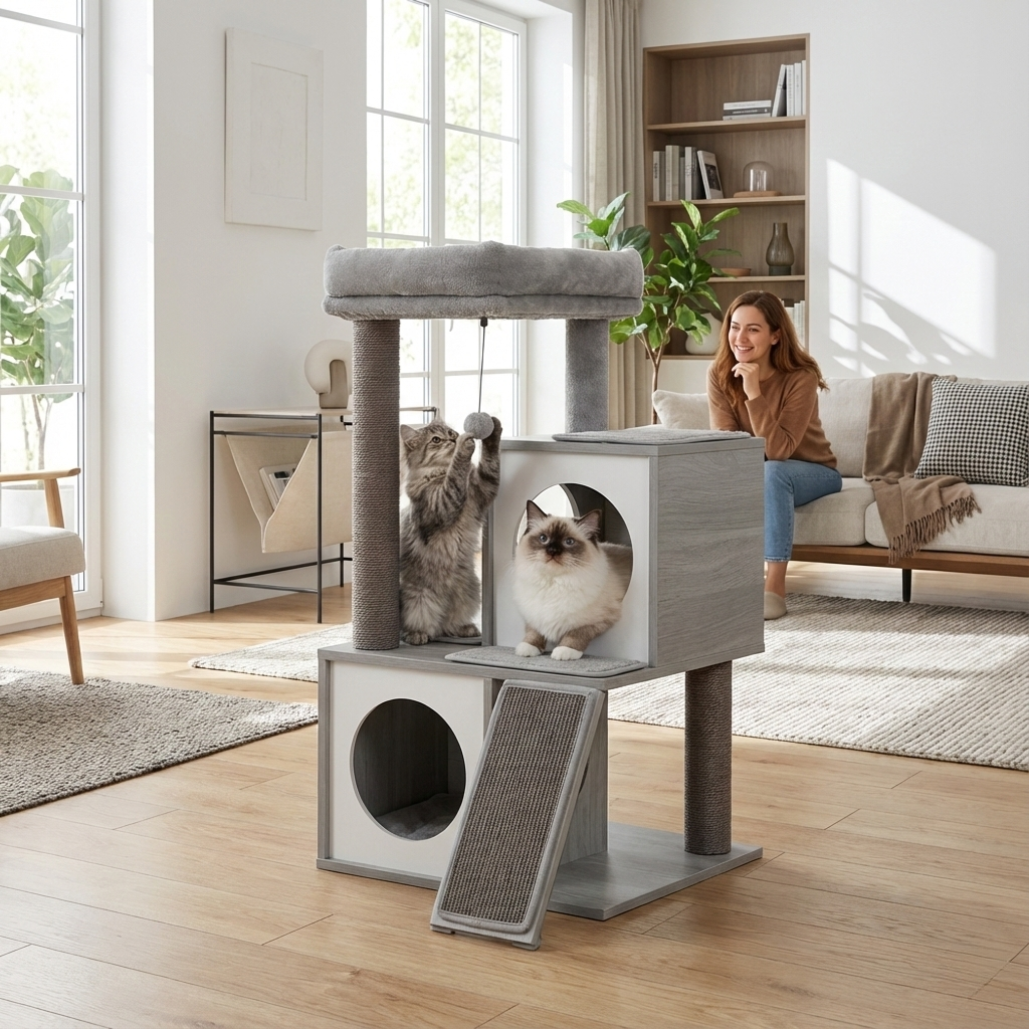 Arbre à chat en bois (93 cm) — 2 niches, perchoir XL & griffoirs sisal