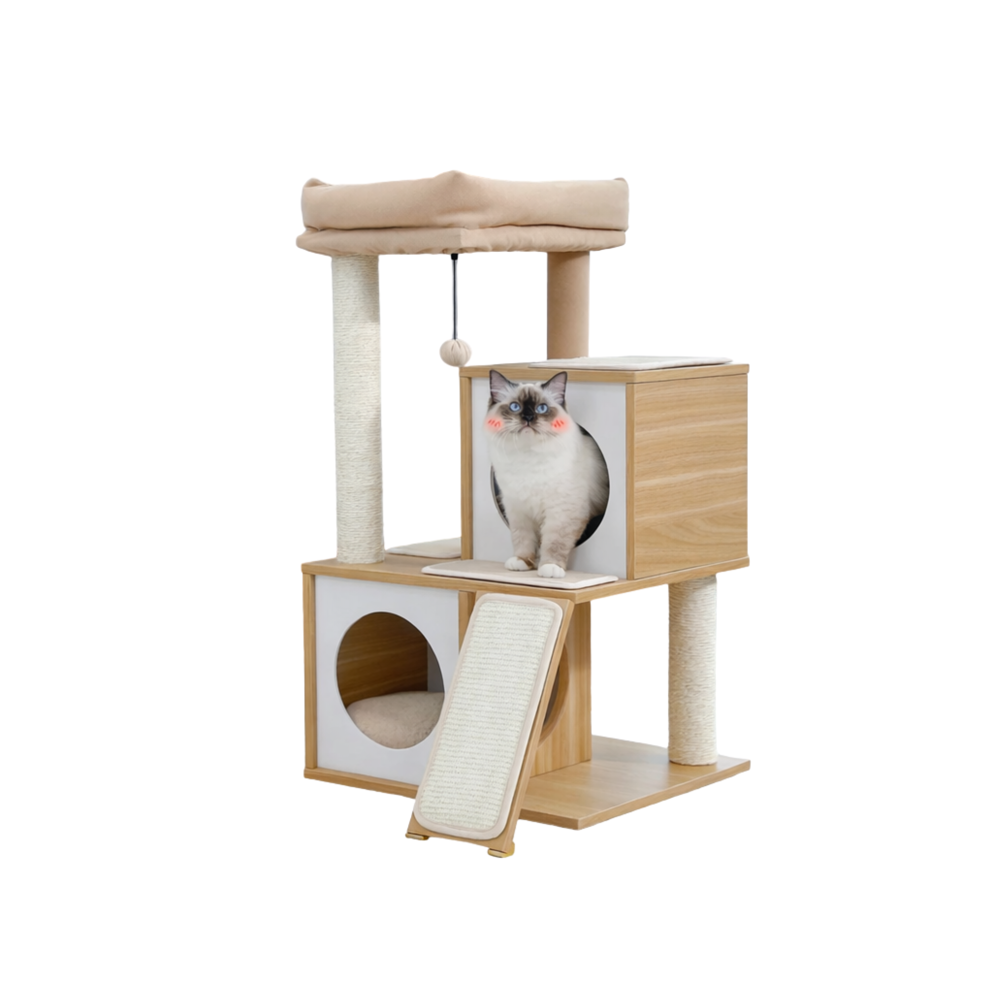 Arbre à chat en bois (93 cm) — 2 niches, perchoir XL & griffoirs sisal