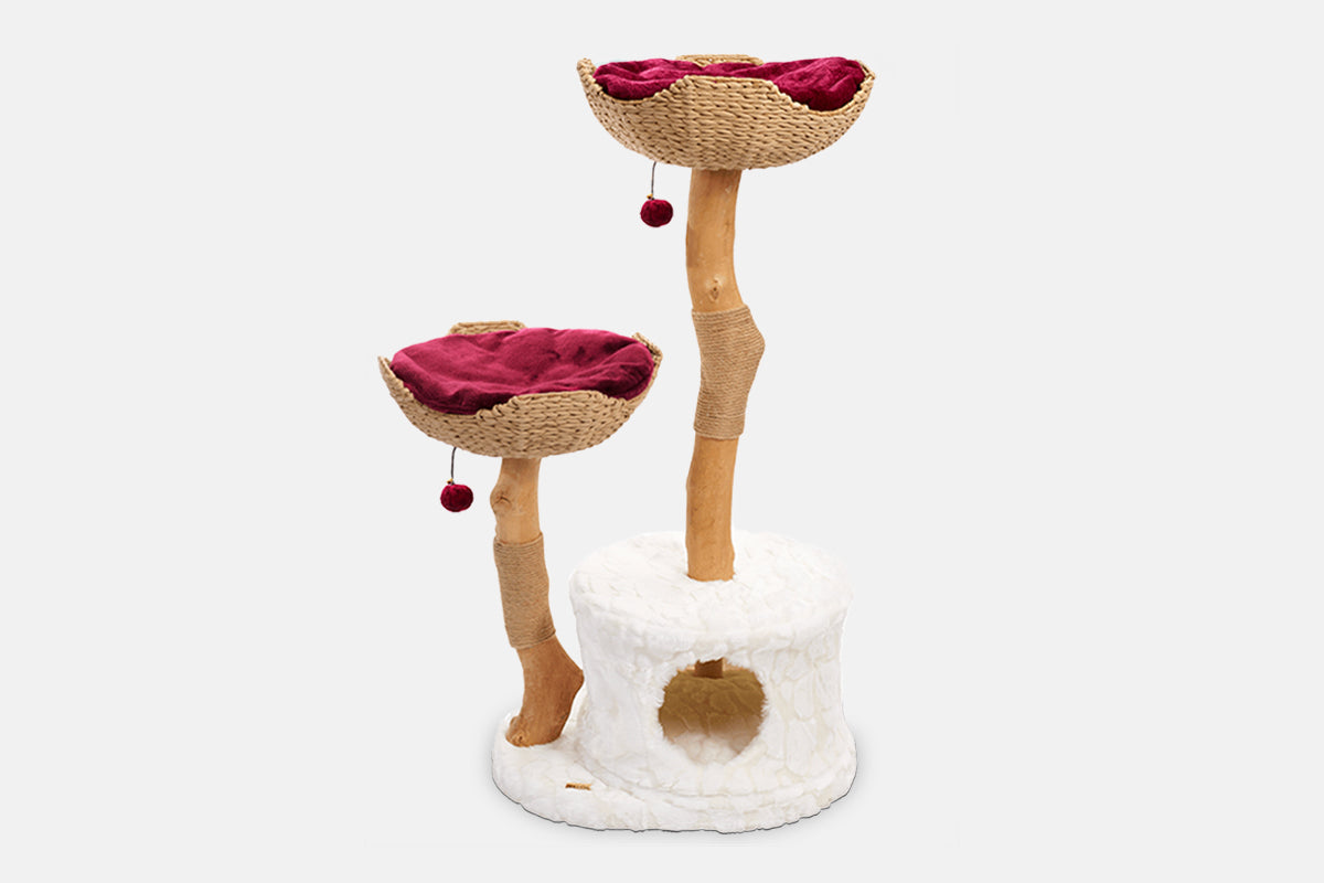 Arbre à chat en bois naturel avec paniers tressés et niche – Modèle Cento 2