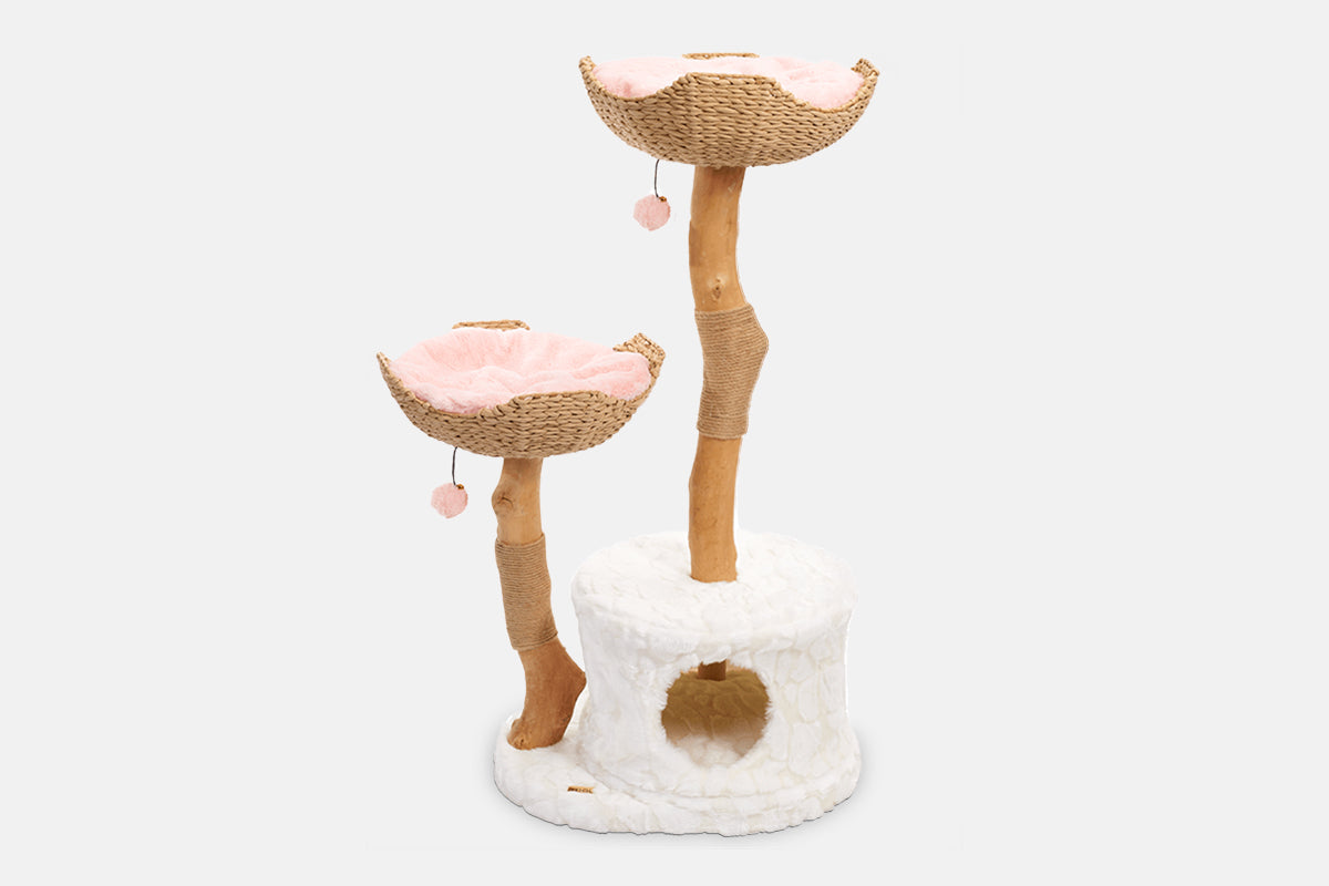 Arbre à chat en bois naturel avec paniers tressés et niche – Modèle Cento 2