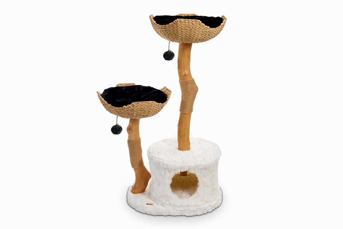 Arbre à chat en bois naturel avec paniers tressés et niche – Modèle Cento 2