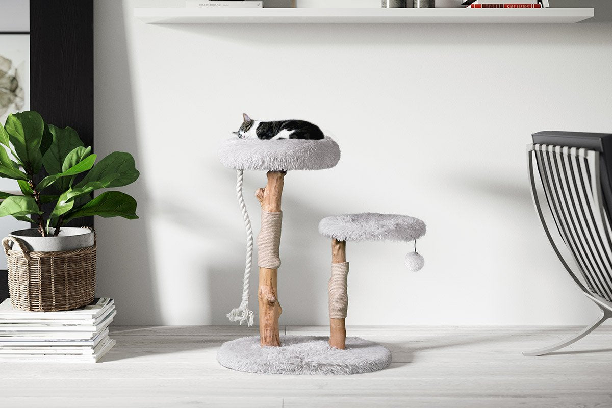 Arbre à chat en bois naturel avec lits superposés et griffoirs – Modèle Rizzo
